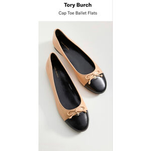 New Tory Burch Cap Toe Ballet Flats Beige Black 9.5